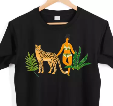 Nainen ja leopardi vihreä tausta kuvio t-paita - Tenstickers