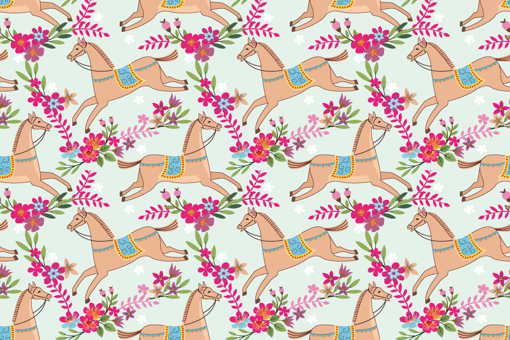 Vaaleanpunaiset kukat hevosikuviolla eläin vinyylimatto - Tenstickers