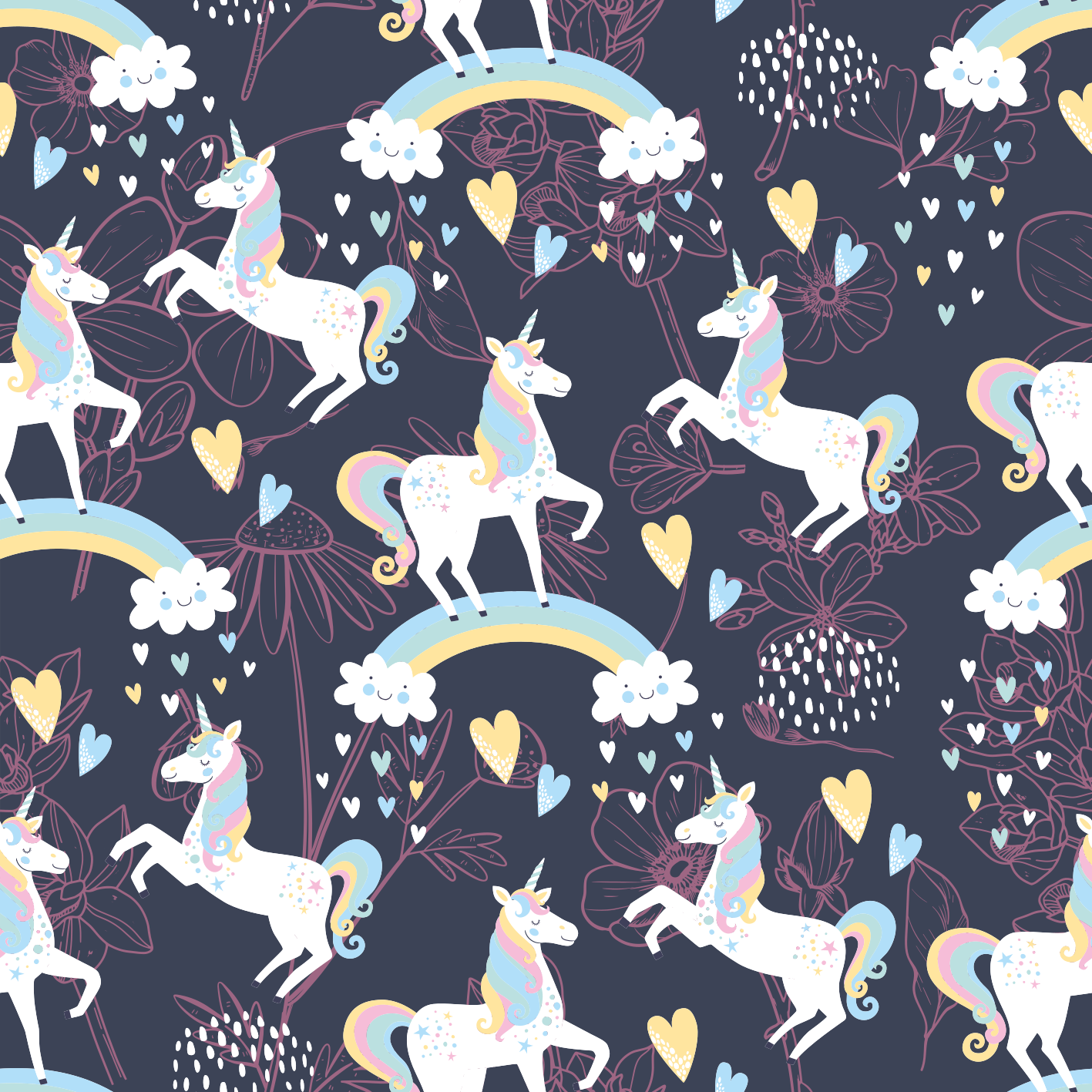 Vaaleanpunaiset yksisarviset kukkakuviot vinyylimatto - Tenstickers