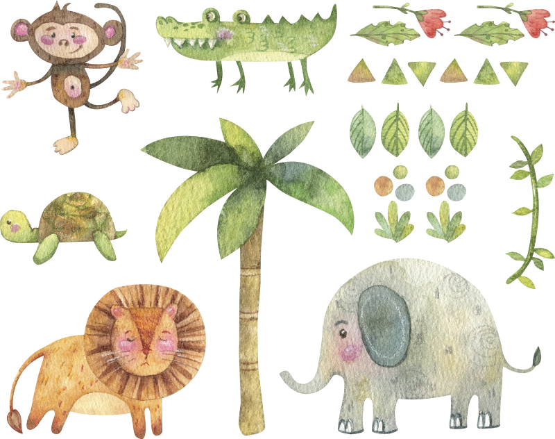 Lastenhuone vinyylimatto vesiväri viidakkon eläimet - Tenstickers