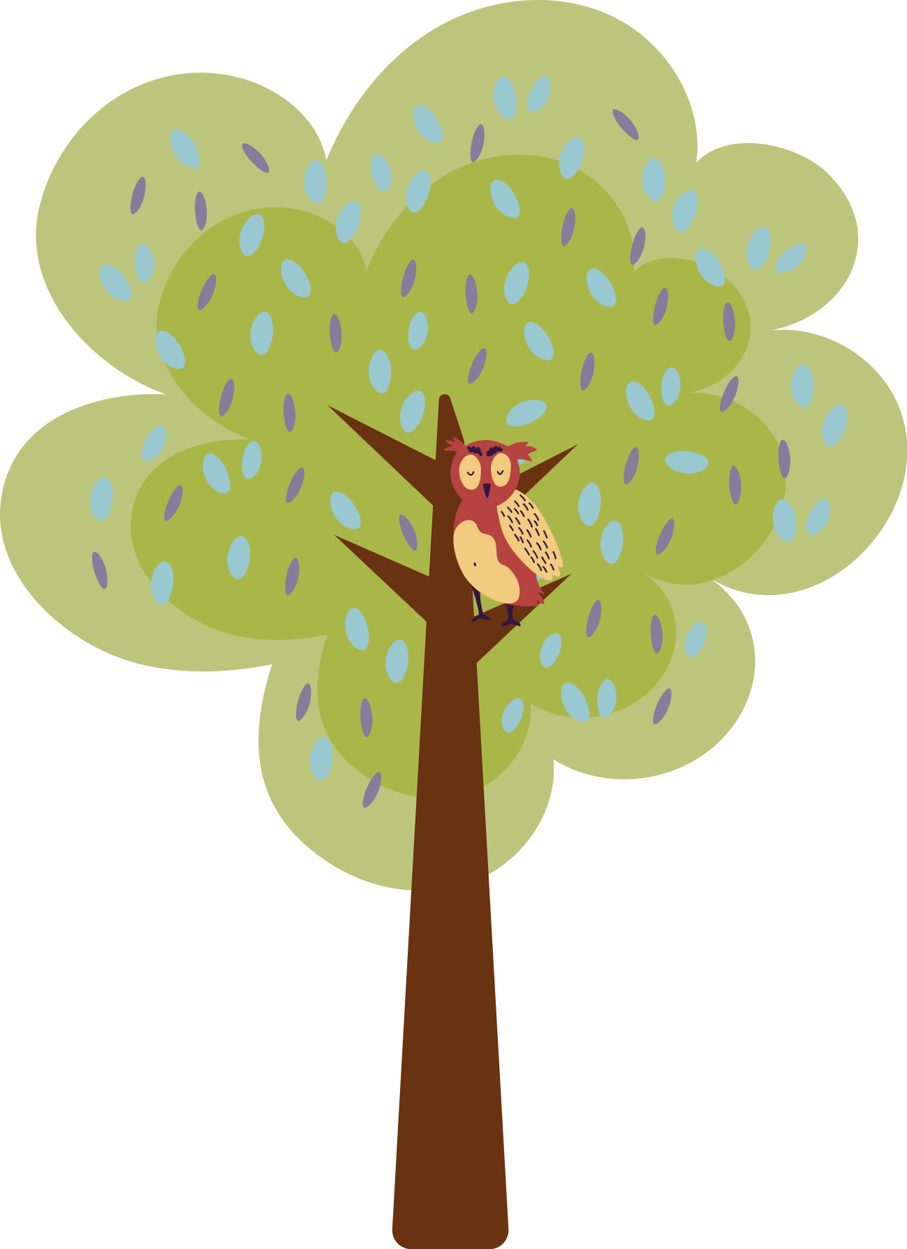 Minimalistinen värikäs puu ja pöllö lastenhuone vinyylimatto - Tenstickers