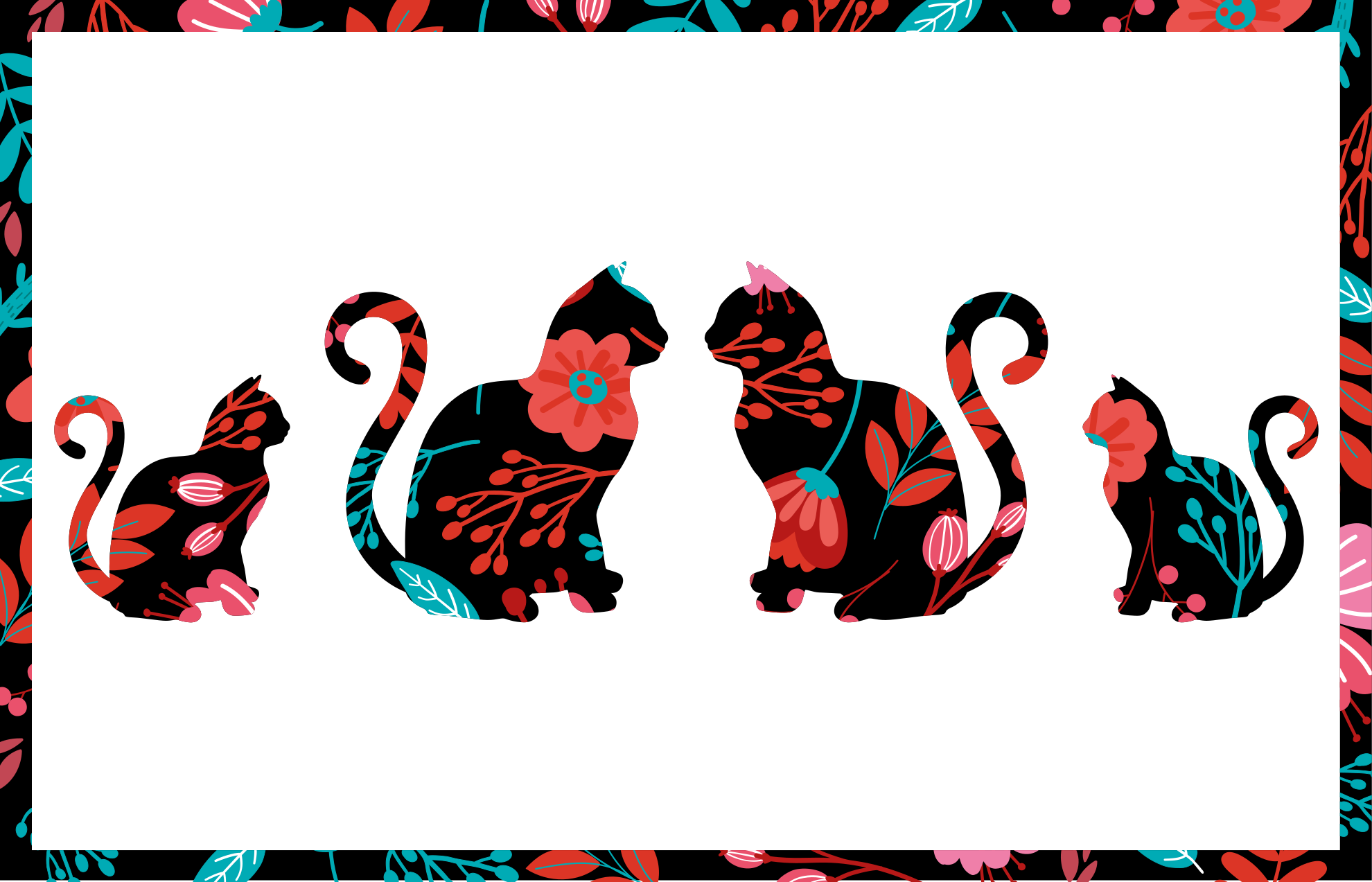 Värikkäitä kissan siluetteja kukka vinyylimatto - Tenstickers