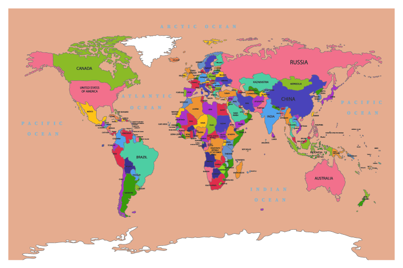 Ruskea väri värikkäillä mantereilla maailmakartta vinyylimatto - Tenstickers