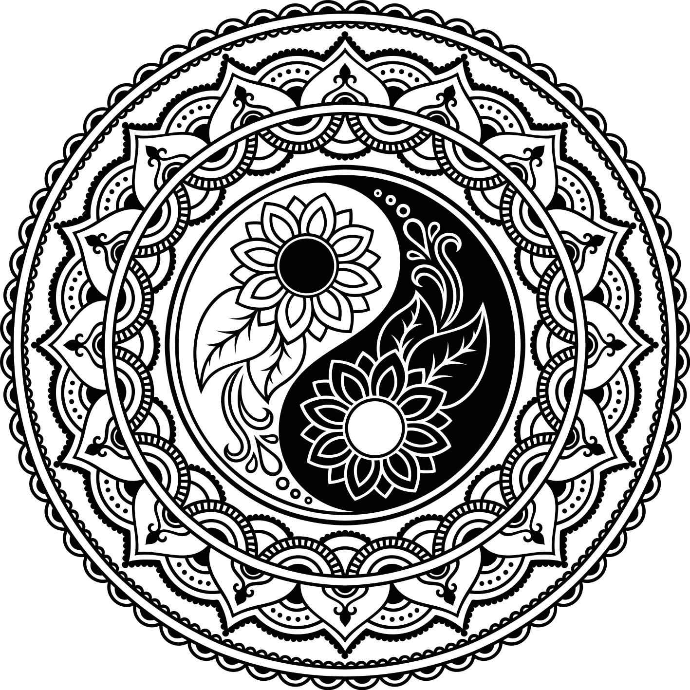 Yin yang auringonkukat mandala vinyylimatto - Tenstickers