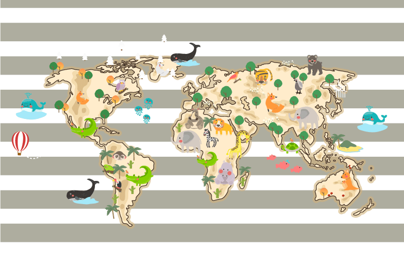 Värikäs eläinkuva maailmakartta vinyylimatto - Tenstickers
