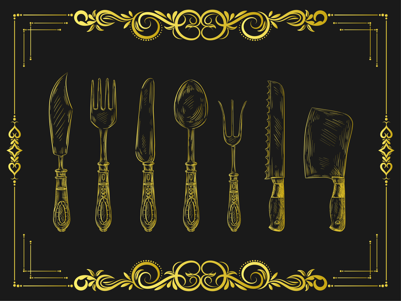 Vintage kultaiset astiat mustalla pohjalla vinyylimatto keittiöön - Tenstickers