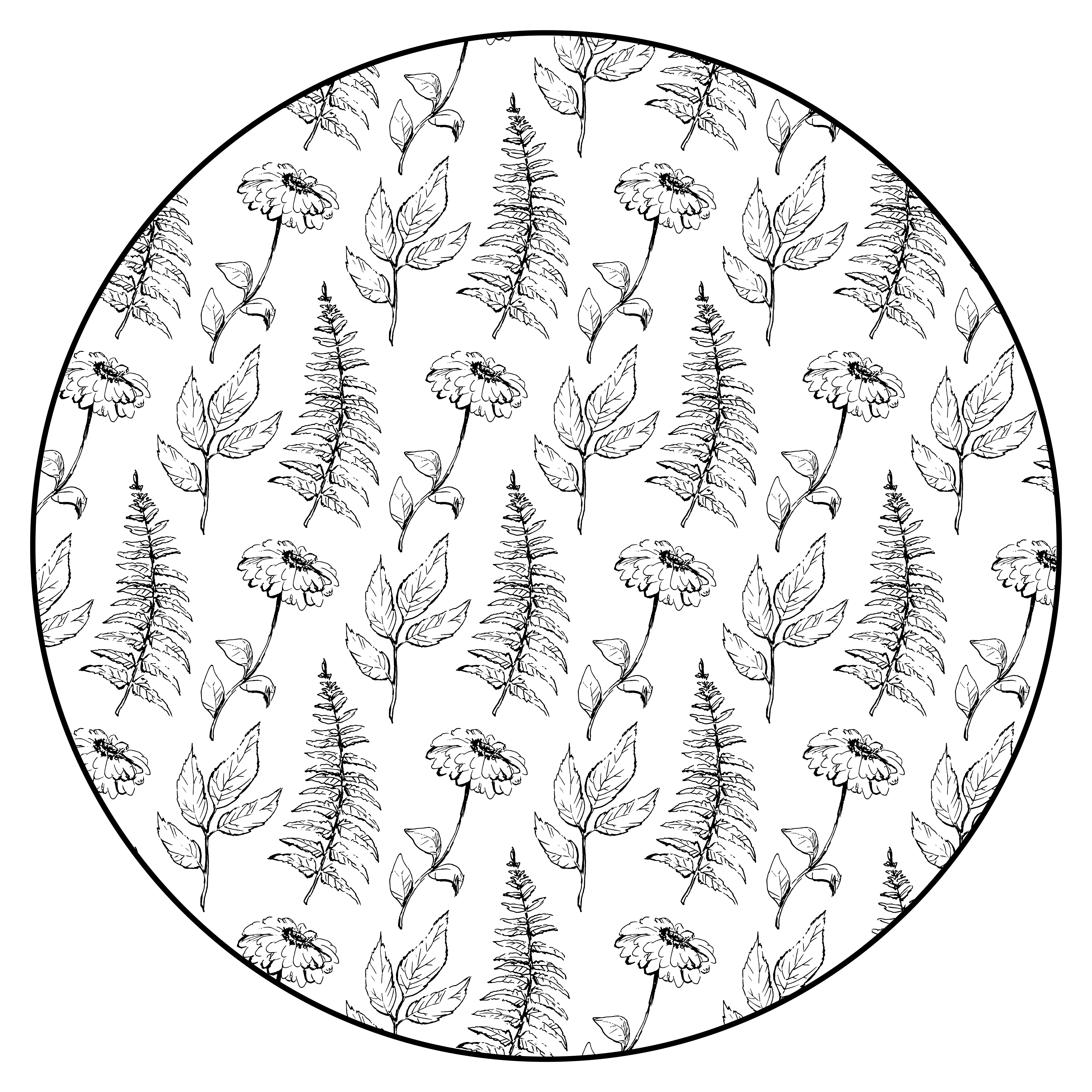 Kukkainen musta ääriviiva pyöreä vinyylimatto - Tenstickers