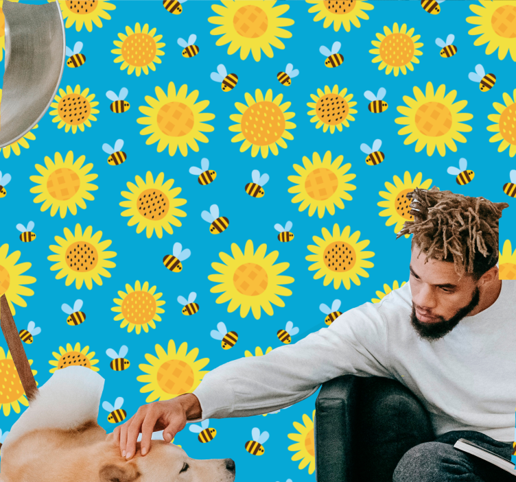 Auringonkukat ja mehiläiset sinisellä kukkatapetti - Tenstickers