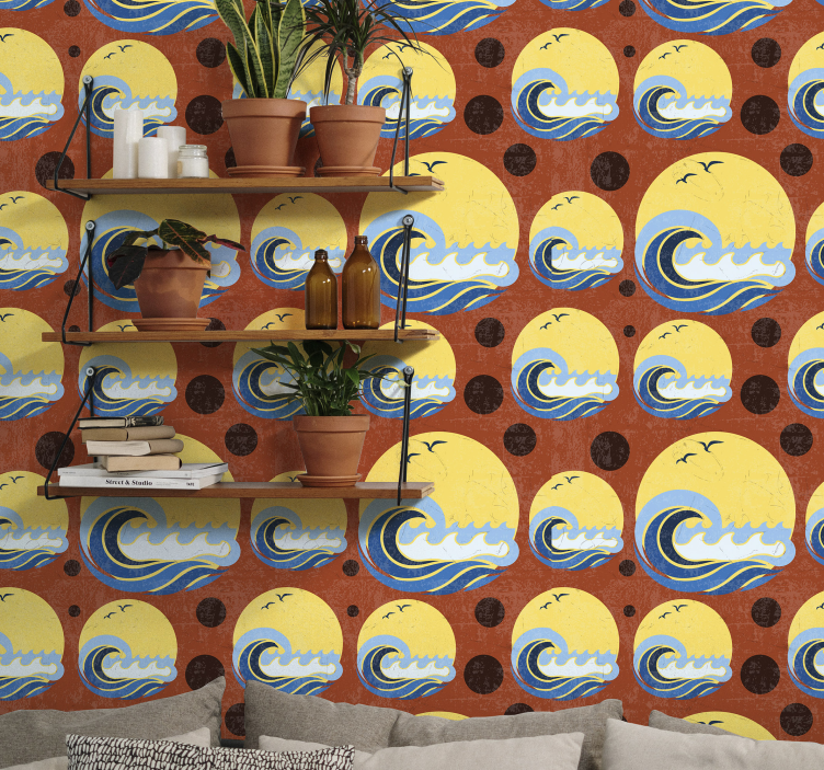 Aurinko, ranta ja aalto geometrinen tapetti - Tenstickers