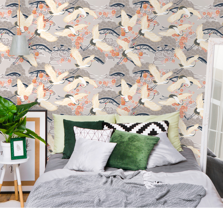 Herons japanilaistyylinen kuvio makuuhuoneen tapetti - Tenstickers