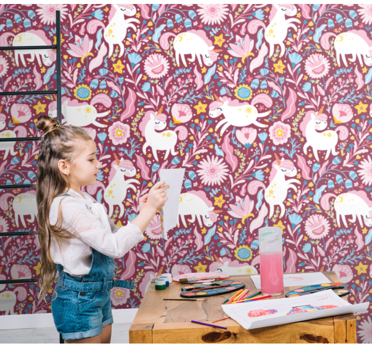 Kaunis yksisarvinen eläinten kuviointi lastenhuoneen tapetti - Tenstickers