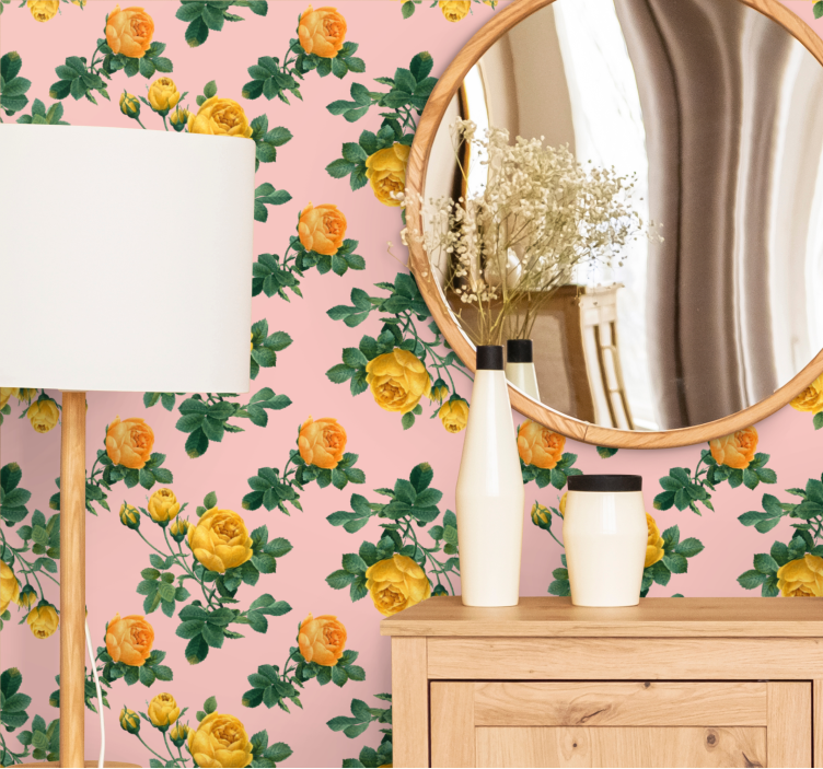 Keltaisen ruusun kuvioita kukkatapetti - Tenstickers