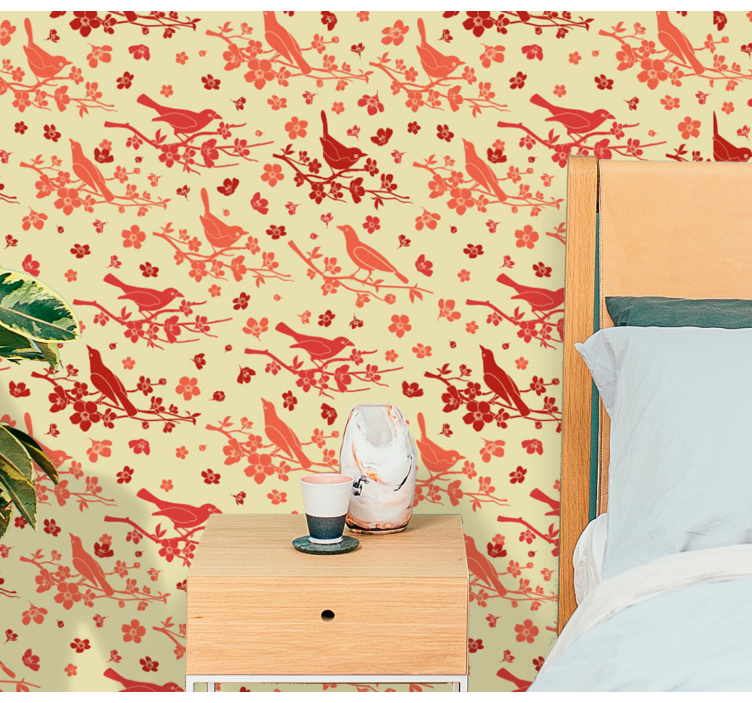 Koristeellinen lintutarha kukkatapetti - Tenstickers