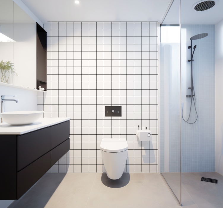 Mustavalkoisia hienoja viivoja neliökuvioinen tapetti - Tenstickers