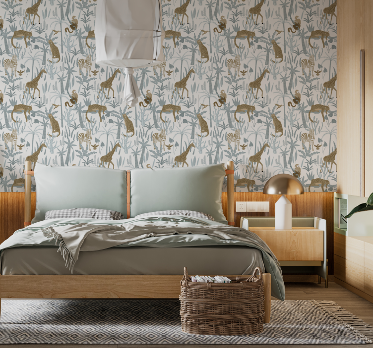 Pastellinvärinen viidakkokuvio tapetti pariskunnan huoneeseen - Tenstickers