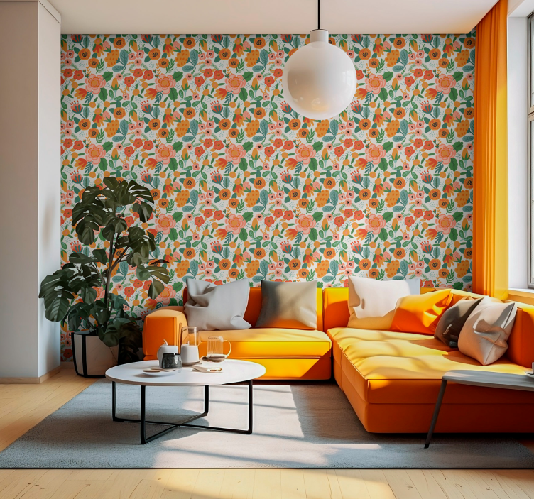 Punainen ja oranssi kansantyylinen kuvio kukkatapetti - Tenstickers