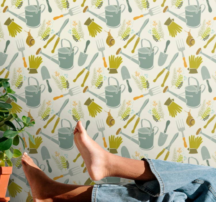 Puutarhatyökalujen saumaton malli olohuone tapetit - Tenstickers