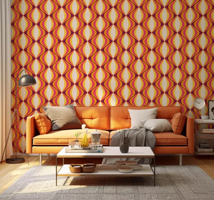 Retro-oranssi aalto olohuone tapetti - Tenstickers