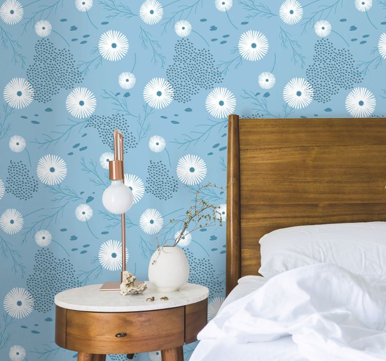 Sinisiä valkoisia kukkia kukkatapetti - Tenstickers