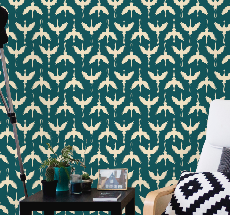 Valkoinen art deco haikarakuvio olohuone tapetit - Tenstickers