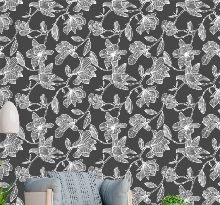 Valkoinen ja harmaa magnolia kukka design kukkatapetti - Tenstickers