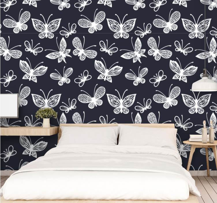 Valkoinen ja syvänsininen perhoskuvio perhostapetti - Tenstickers