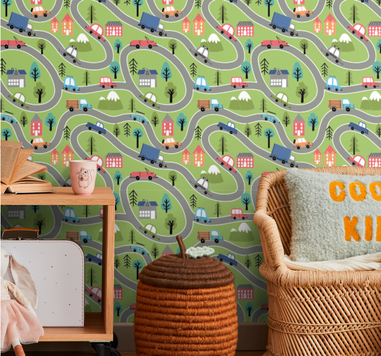 Värikäs katu kilpa-autoineen lastenhuoneen tapetti - Tenstickers