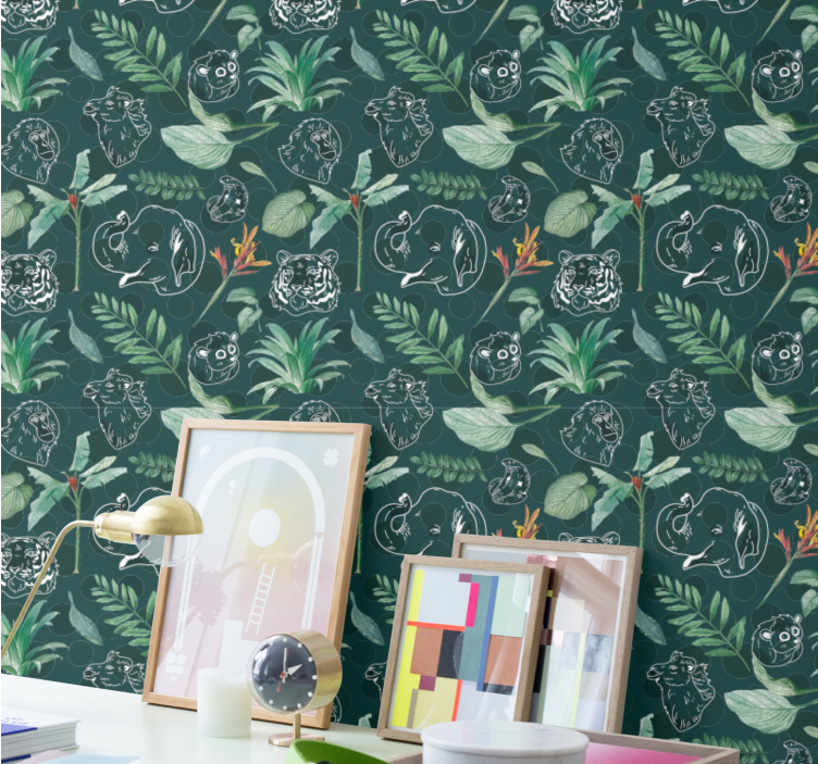 Värikäs viidakon eläinten ja puiden kuvio lastenhuoneen tapetti - Tenstickers