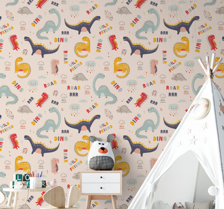 Värikkäitä dinosauruksia nimillä lastenhuoneen tapetti - Tenstickers