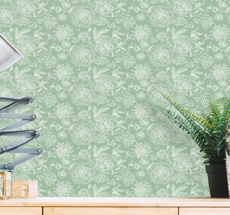 Vihreä kukka grandmillenial kukkatapetti - Tenstickers