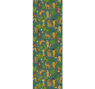 Nainen ja leopardinvihreä taustakuvio tapetti olohuone - Tenstickers