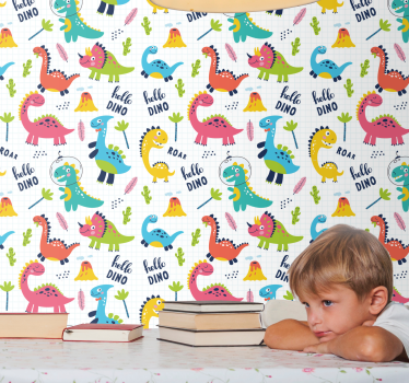 Iloinen dino kuvio dinosaurus tapetti - Tenstickers