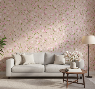 Pinkki magnolia ja perhossuunnittelu kukkatapetti - Tenstickers