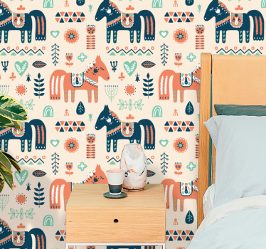 Pohjoismaiset lehdet beige taustalla hevonen kuvio tapetti makuuh - Tenstickers