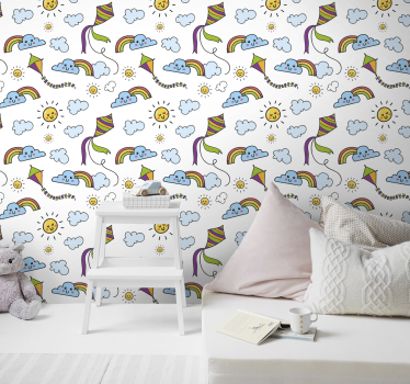 Sateenkaari, aurinko ja leija lastenhuoneen tapetti - Tenstickers