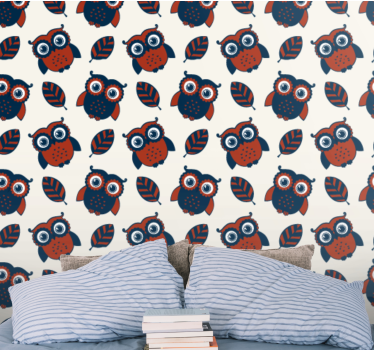 Sininen ja punainen pöllö kuvio luonto tapetti - Tenstickers