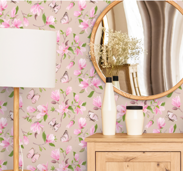 Vaaleanpunainen magnolia ja perhonen design kukkatapetit - Tenstickers