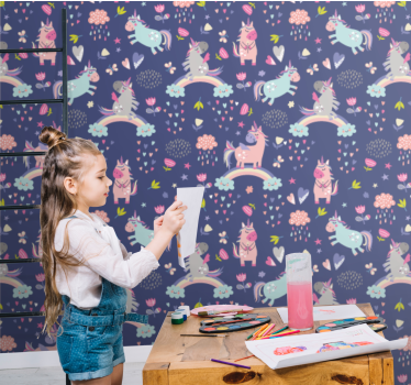 Värikäs yksisarvinen sateenkaari kuvio taiteellinen tapetti - Tenstickers
