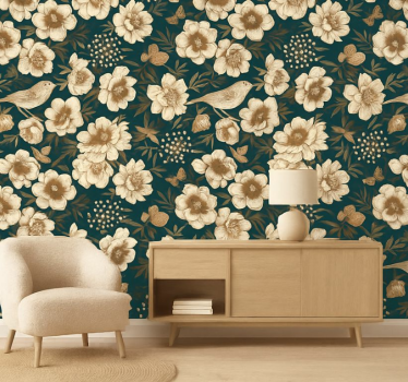 Vintage kasvitieteellinen kiinalaistyylinen lintutapetti - Tenstickers